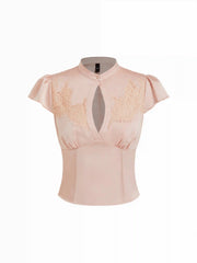 Stand Collar Lace Trim Cut Out Short Sleeve Blouse