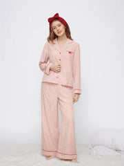 Collar Striped Oversized Top & High Rise Drawstring Wide Leg Trousers Loungewear Set