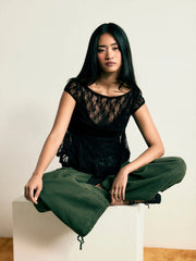 Lace Boat Neck Short Sleeve Backless Blouse & Cami Top Set
