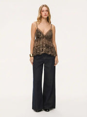 Chiffon Leopard V-neck Lace Trim Cami Top