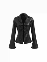 Faux Leather Collar Bell Sleeve Tie Front Bow Jacket