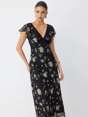 Chiffon Floral V-neck Ruffle Sleeve Lace Trim A-line Maxi Dress