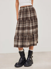 Woven High Rise Check Ruffle Tiered Maxi Skirt