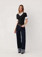 Cotton Collar V-Neck Short Sleeve Two Tone Bodysuit