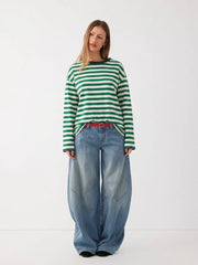 Round Neckline Striped Long Sleeve Oversized Tee