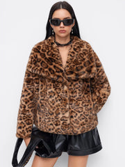 Faux Fur Leopard Print Collar Metal Button Jacket