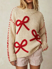 Knit Jacquard Bowknot Contrast Trim Oversized Sweater