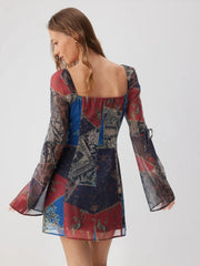 Chiffon Floral Square Neck Drawstring Bell Sleeve Mini Dress