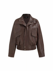 Funnel Neck Zip Through Faux Leather Bomber Jacket