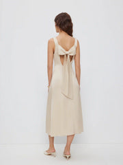 Satin Boat Neck Backless Bowknot Ruched A-line Midi Dress