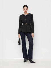 Round Neckline Metal Button Pleated Blazer With Belt