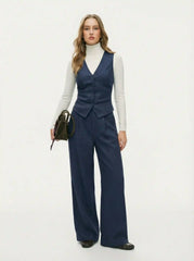Cotton-blend V-neck Solid Button Vest & Mid Rise Pocket Wide Leg Trousers