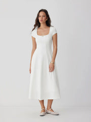 Scoop Neck Short Sleeve Rosette Flared Maxi Dress