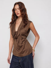 Satin Cowl Neck Tie-Front Sleeveless Blouse
