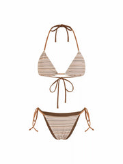High Stretch Striped Halter Neck Tie Side Triangle Bikini Set