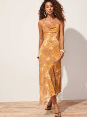Lace Halter Neckline Paisley Asymmetrical Hem Flared Maxi Dress