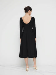Square Neck Solid Ruffle Zipper Long Sleeve Midi Dress