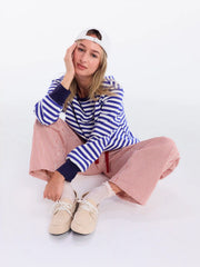 Cotton Striped Fish Embroidery Contrasting Binding Long Sleeve Tee