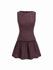 Cotton-blend Round Neck Plaid Studded A-line Mini Dress