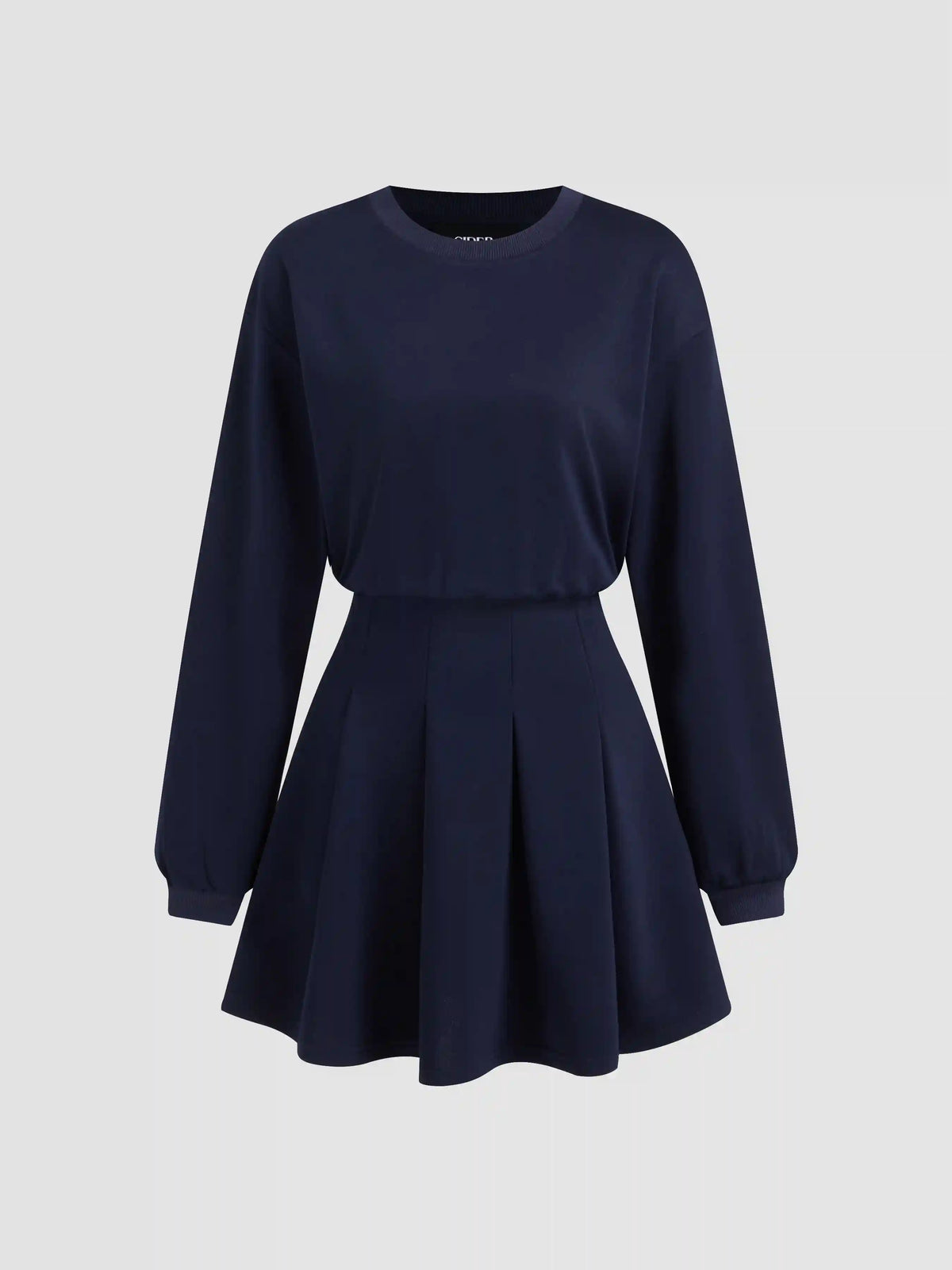 Round Neckline Pleated Long Sleeve Mini Dress