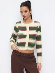 Cable Knit Striped Colorblock Round Neckline Long Sleeve Button Top