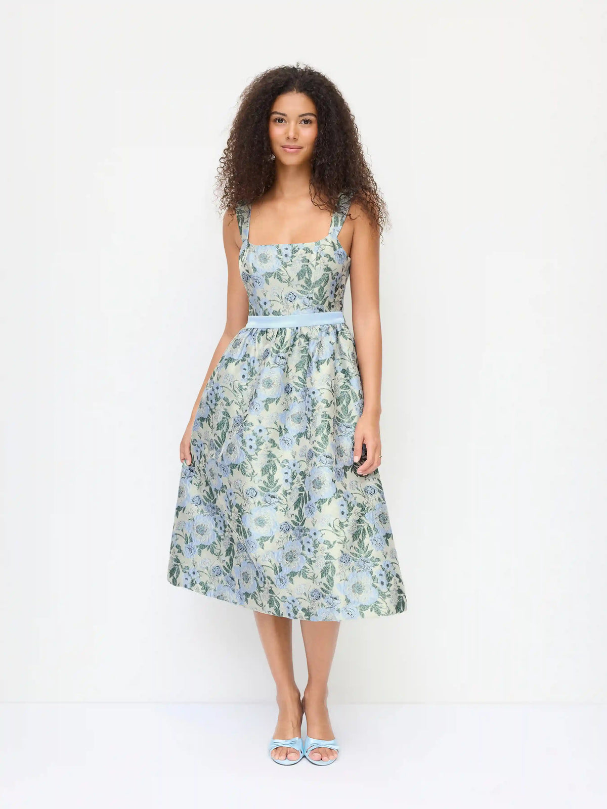 Jacquard Sculptural Floral Square Neck Lace Up Flared Midi Dress