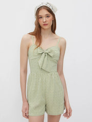 Cotton-blend Sweetheart Gingham Shirred Knotted Romper