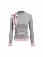 Wool-blend Stand Collar Bowknot Two Tone Long Sleeve Top