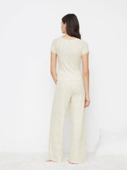 Round Neckline Ditsy Floral Lace Trim Top & Mid Rise Elastic Waist Wide Leg Trousers Loungewear Set