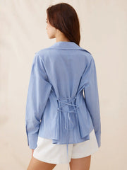 Linen-blend Stripe Collar Twist Knotted Regular Long Sleeve Blouse