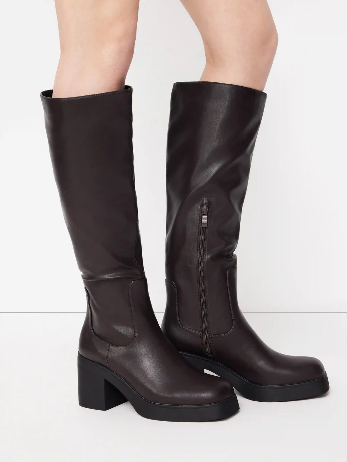 SQUARE TOE CHUNKY HEELED FAUX LEATHER KNEE HIGH BOOTS