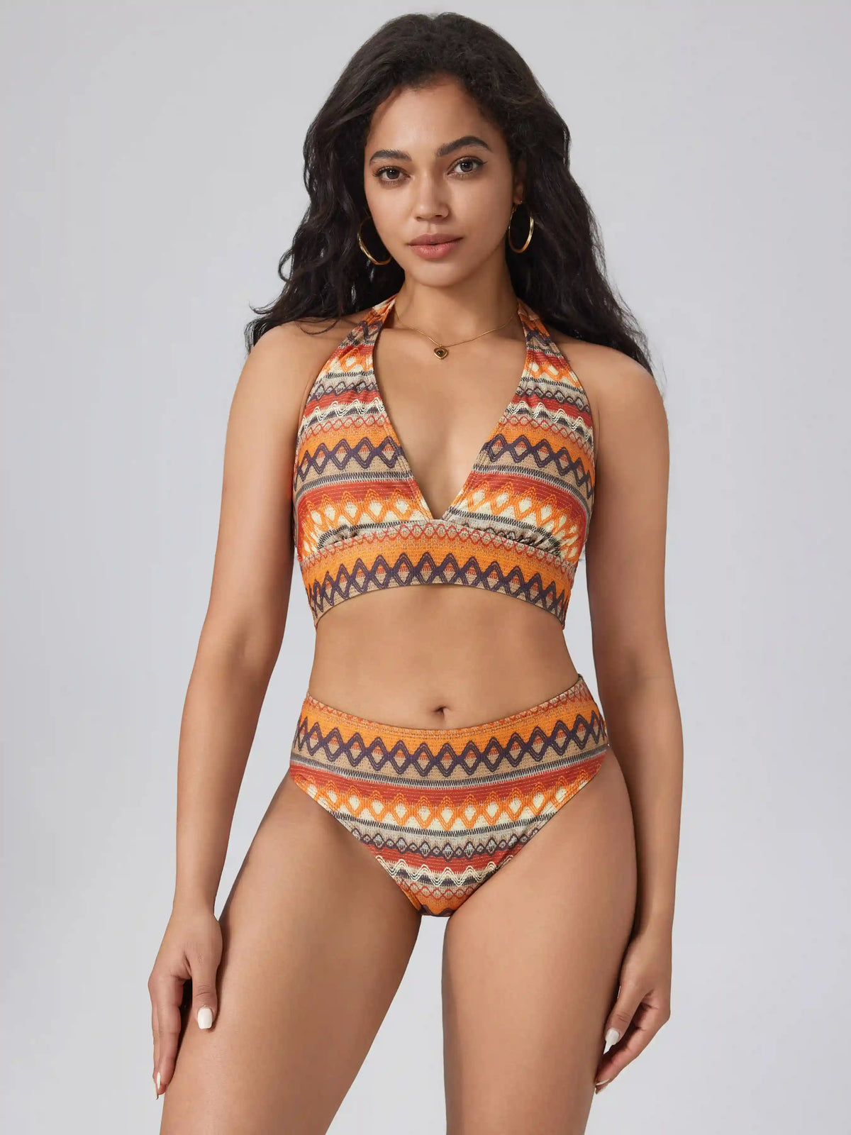Halter Geometric Striped Bikini Set