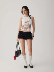 Cotton-blend Deer Graphic Polka Dot Crop Top