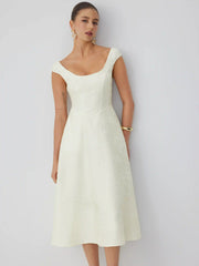 Jacquard Floral Square Neck Textured Flared Midi Dress