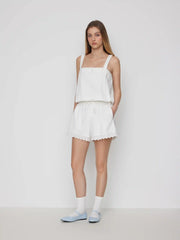 Cotton Square Neckline Lace Trim Drawstring Micro Romper