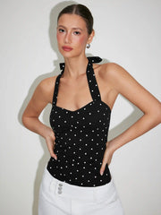 Cotton-blend Sweetheart Polka Dot Tie Back Bodysuit