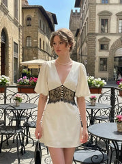 Satin V-neck Contrasting Lace Lantern Sleeve A-line Mini Dress