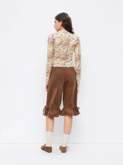 High Neck Floral Lettuce Trim Long Sleeve Top