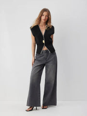 Knit Collarless Contrasting Binding Metal Detail Vest