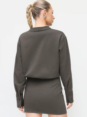 Cotton-blend V-neck Ruched Solid Mini Dress