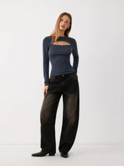 Textured Round Neck Long Sleeve Striped Cut Out Top