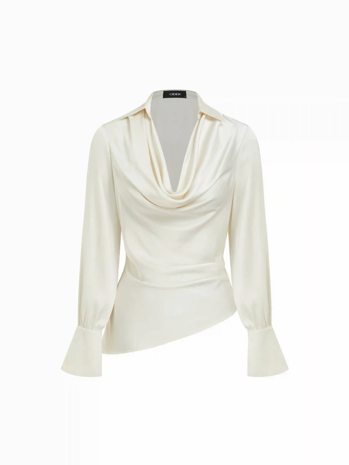 Satin Cowl Neck Asymmetrical Hem Long Sleeve Blouse