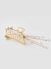 Metallic Floral & Faux Pearl Decor Tassel Hair Claw