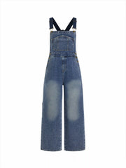 Petite Denim Washed Low Rise Metal Detail Wide Leg Oversized Overalls