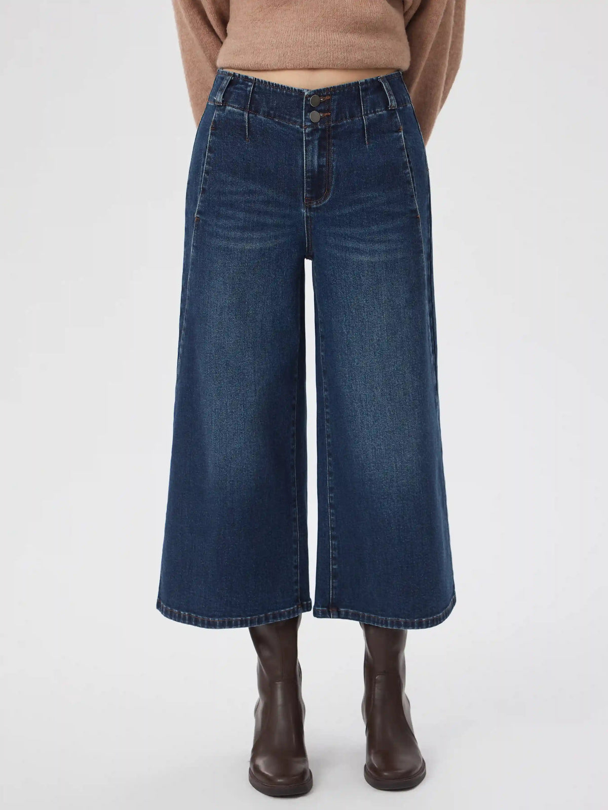 Stretch Denim High Rise Wide Leg Cropped Jeans With Metal Button