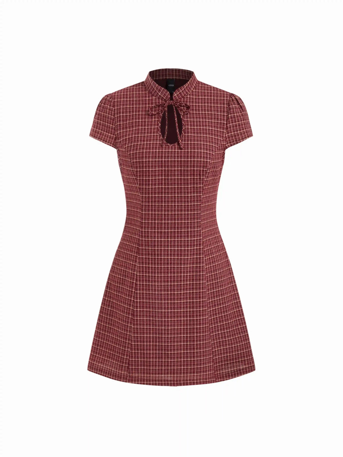 Cotton-blend Mandarin Collar Tartan Cut Out Bowknot Puff Sleeve Mini Dress
