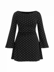 Cotton-blend Boat Neck Polka Dot Ruched Bell Sleeve Mini Dress Curve & Plus