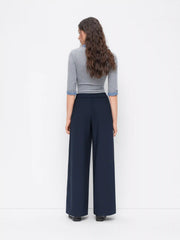 Mid Rise Solid Button Elastic Waist Wide Leg Trousers
