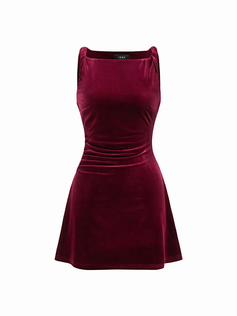 Velvet Boat Neck Ruched Mini Dress