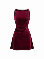 Velvet Boat Neck Ruched Mini Dress